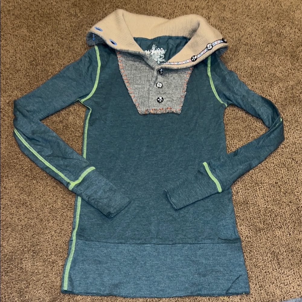 Free People Blue and Cream Long Sleeve Top